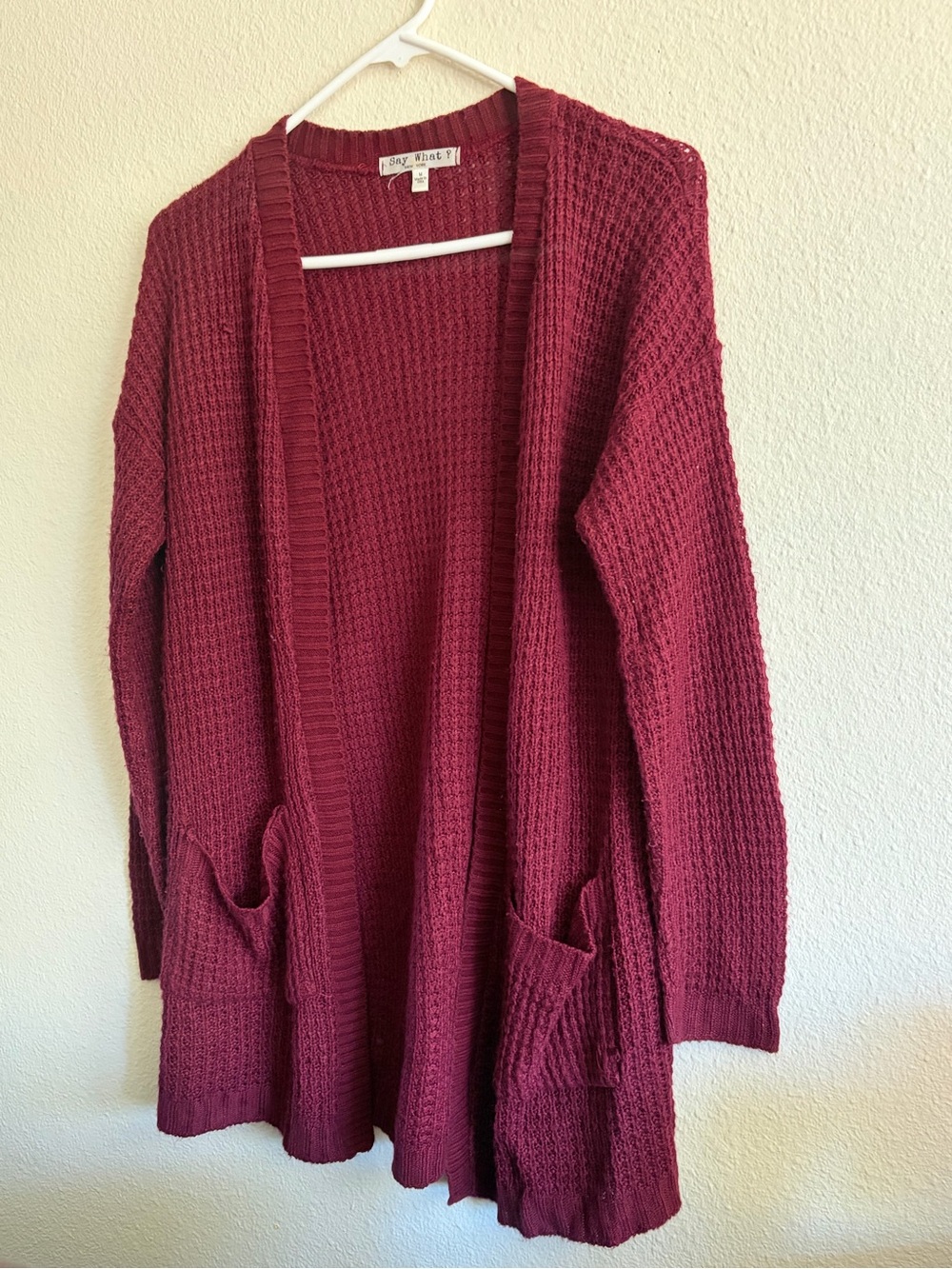 Say What? Waffle-Knit Open-Front Maroon Cardigan
